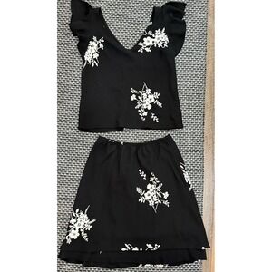 Vtg S.L Fashions Womens 2-pc Floral Skirt Set Deep V Neck Top Tiered Skirt‎ 10P